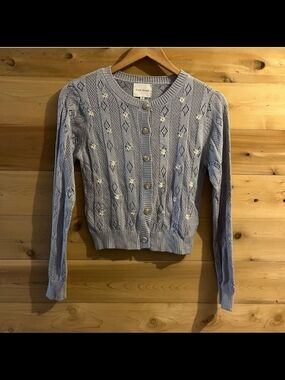 EUC Pink Rose Blue Pointelle Button-Front Women's Cardigan Sweater